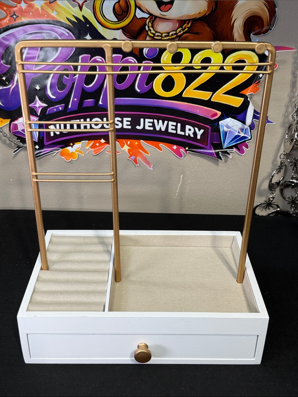 Jewelry Organizer Stand with White Base and Gold Frame